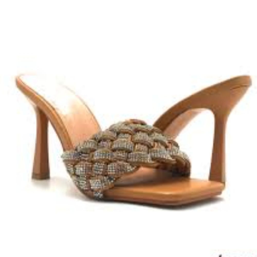 BRAND NEW DELICACY BRAIDED  RHINESTONES EMBRROIDERED HEELS SQUARE TOE SANDAL